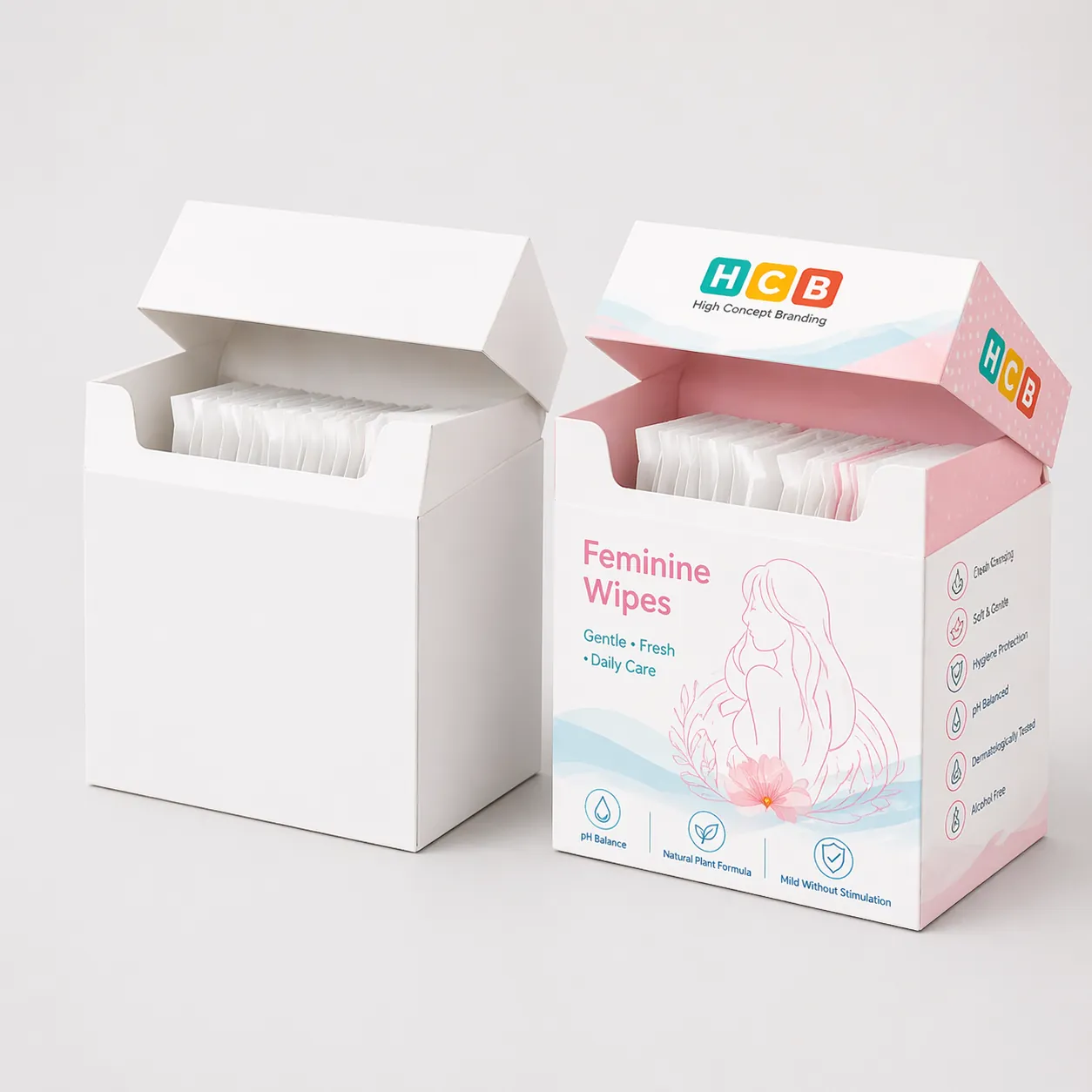A white retail box standing beside a pink floral branded box for soft feminine wipes. class=